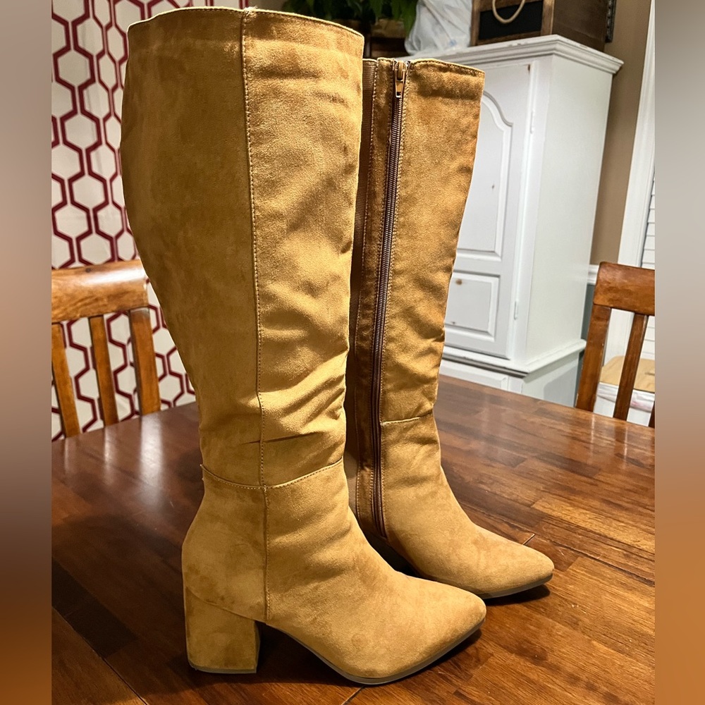 Tan suede tall wide calf boots